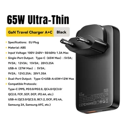Ultra Slim 65W GaN Travel Charger with Fast Charging Technology - 65W EU Grey Charger