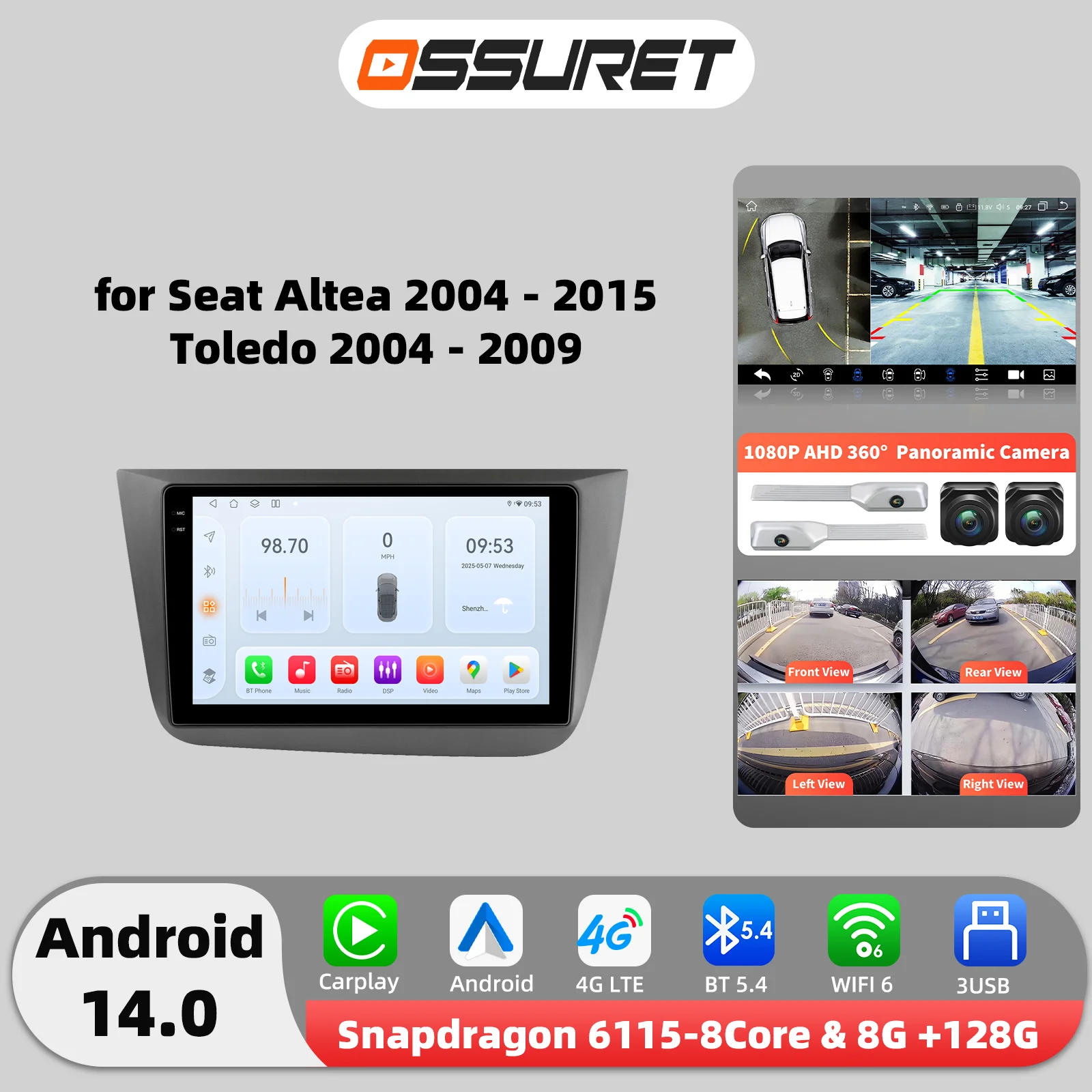 Carplay Android 14 Autoradio für Seat Altea 2004–2015 Toledo 2004–2009 Multimedia von Snapdragon 6115 Auto-intelligenter Bildschirm
