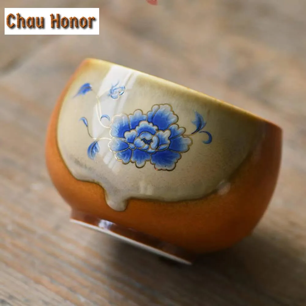 200ml Antique Soda Galze Ceramic Teacup Retro Flower Blossom Rich Tea Bowl Japanese Coarse Pottery Big Belly Cup Puer Master Cup