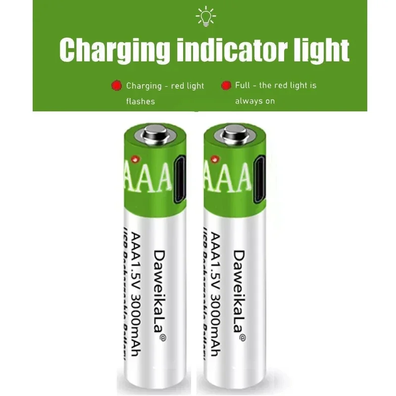 Rechargeable Lithium Batteries USB AAA Rechargeable Battery 1.5V 3000mAh li-ion battery for remote control mouse Electric toy battery + Type-C Cable