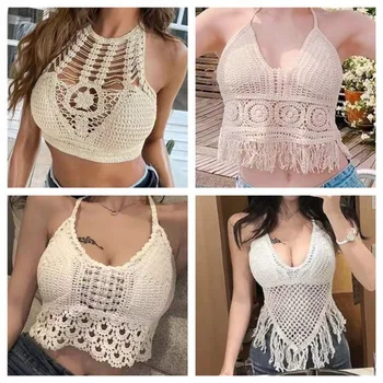 Women Boho Y2k Top Fringe Backless Halter Tie Neck Underwear Outerwear Neck Hanging Embroidery Tassel Suspender Vest Short Tank 1