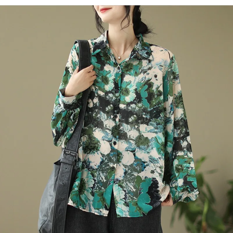 Temperament Standing Collar Printed Long Sleeved Shirt for Women's Spring Autumn Fashion Single Row Multi Button Loose Shirt Top