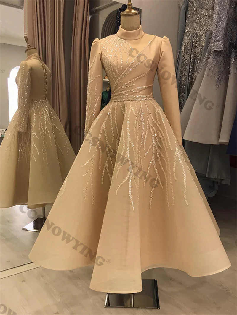 

Beautiful Champagne Appliques Organza Long Sleeve High Neck Evening Dresses Prom Dress Formal Occasion Dresses