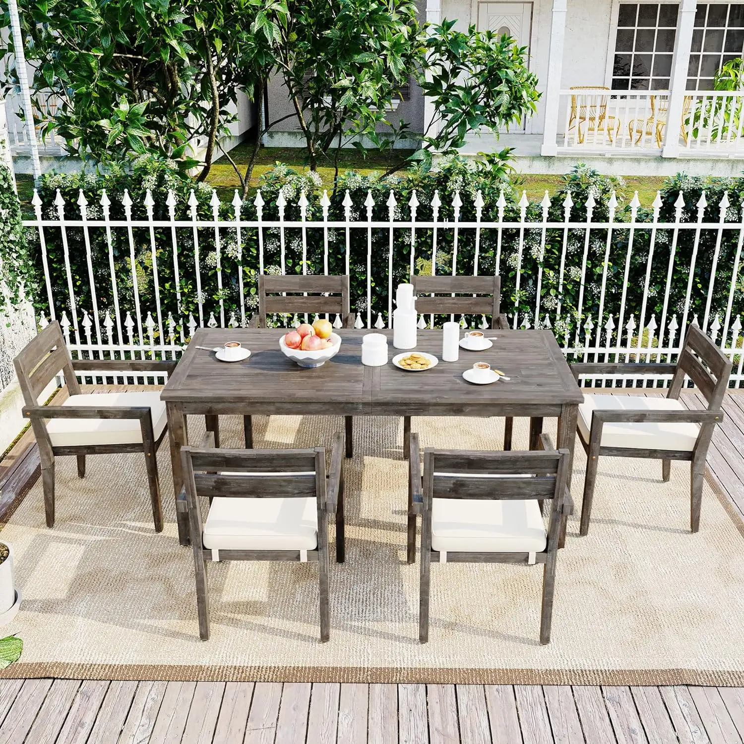

7-Piece Outdoor Dining Table Set with Acacia Wood Tabletop and 6 Chairs Suitable for Patio, Balcony Or Backyard,Grey