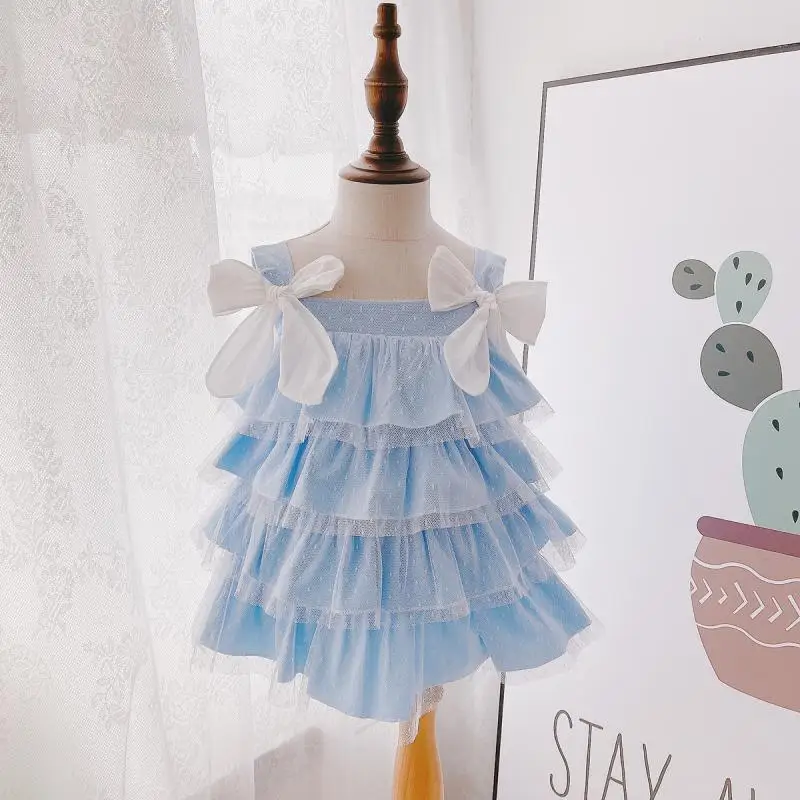 

2023 Summer Blue Lace Slip Dress for Baby Girls Children Korean Cake Dresses Infants Casual Seaside Holiday Clothes Kids Outfit