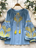 Retro Ethnic Heavy Embroidery Belted round Ne Lantern Sve irt Women Loose Casual Top Faionable Base irt - Image 2
