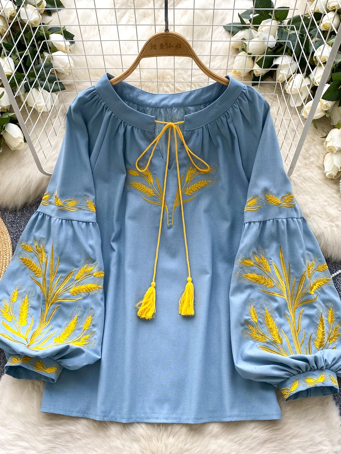 Retro Ethnic Heavy Embroidery Loose Casual round Ne Lantern Sve irt Women’s Faionable Base Layer Top