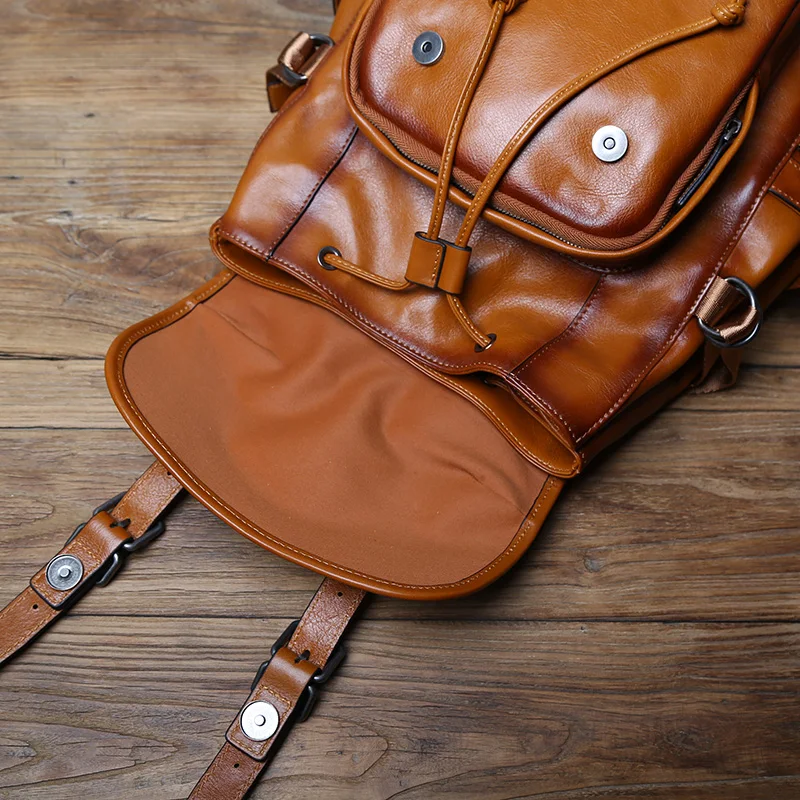 NZP Retro Leather Men's Backpack European and American Fashion Travel Bag Top Layer Cowhide Casual School Bag Laptop Bag 5