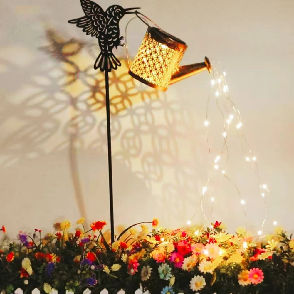 Solar Watering Can Light Metal Hanging Lantern Hummingbird Watering Can Light Garden Stake Light for Garden Yard Balcony