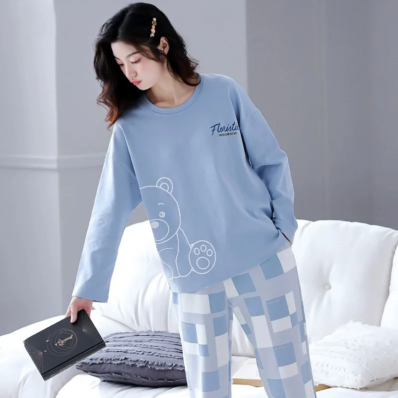 새로운 봄, 가을 잠옷 여성의 가을, 겨울 긴팔 바지 2 조각 홈 의류 숙녀 잠옷 세트
