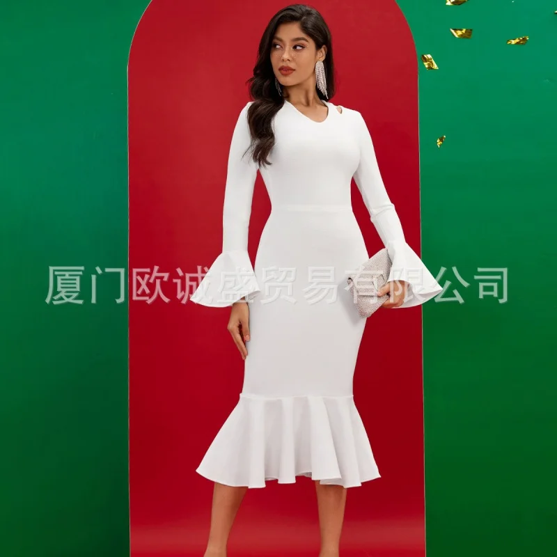 Europa E America Abbigliamento Donna Transfrontaliero Grazioso Corno Di Personalità Abito A Coda Di Pesce A Maniche Lunghe Fasciatura Slim Fit One-Pie