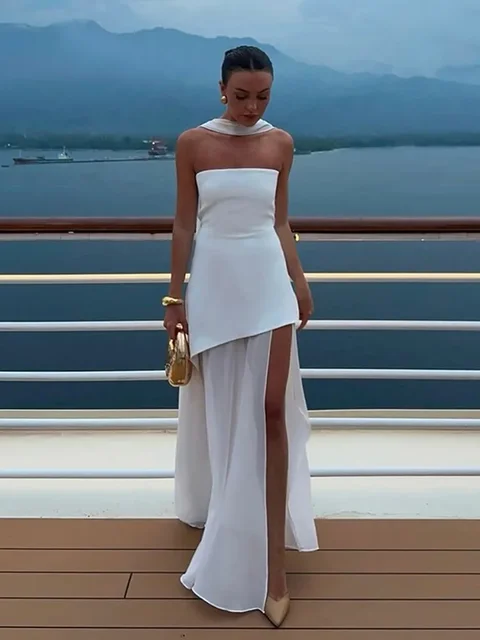 Fashion Strapless Ribbon Mesh Patchwork Maxi Dress Elegant Sleeveless