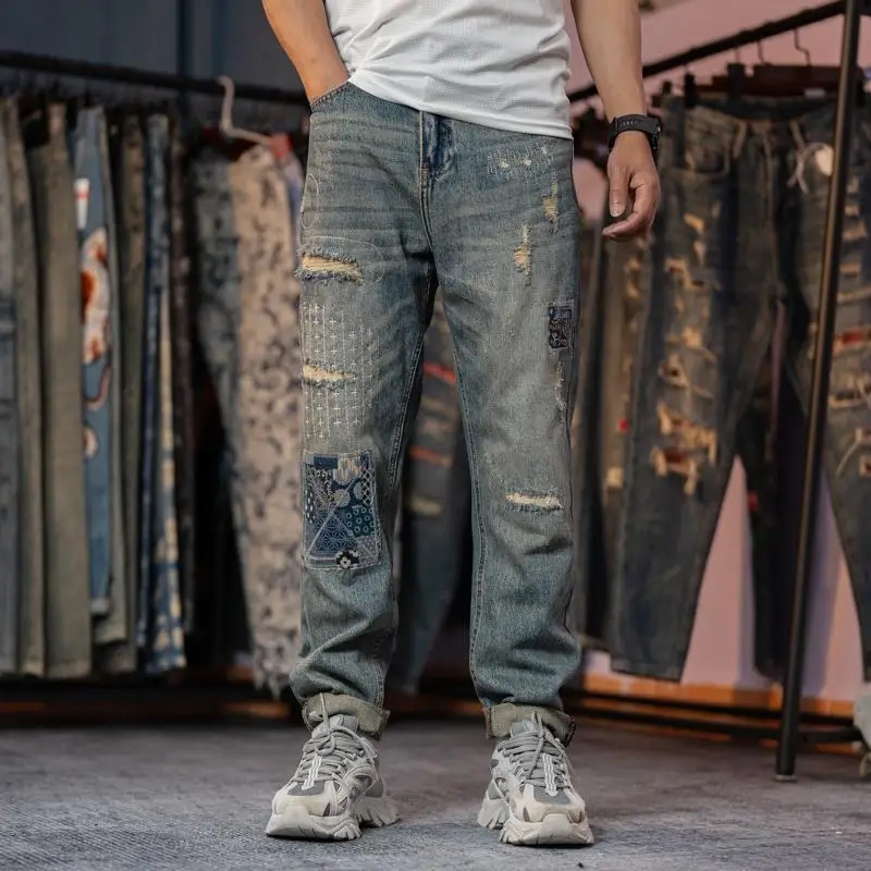 Men's Trendy American High Street Ripped Scraped Patch Patch Cloth Straight-leg Casual Jeans Trousers