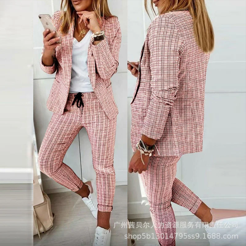 Female Business Suit Women's Long Sleeve Cardigan Turn-down Collar Coat Lace-up Mid Waist Pencil Pants Plaid Print