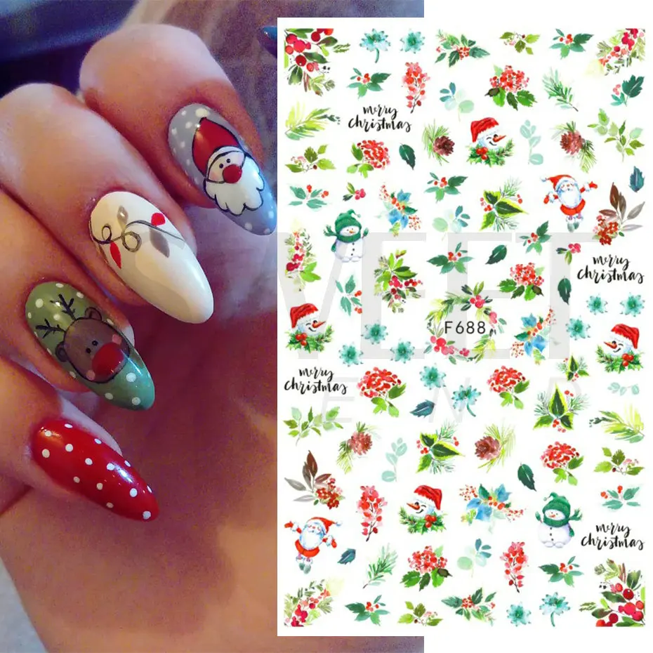3D Christmas Sticker Nail Decal Winter Snowflake Holly Tangerines Cartoon Santa Bird New Year Nail Design Decoration BEF892 nail stickers,nail decals,nail art decoration