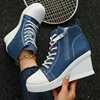Women's Platform Wedge Heel High Top Sneakers Blue Denim Casual Canvas Shoes Woman Fashion Thick Sole Lace Up Vulcanized Shoes