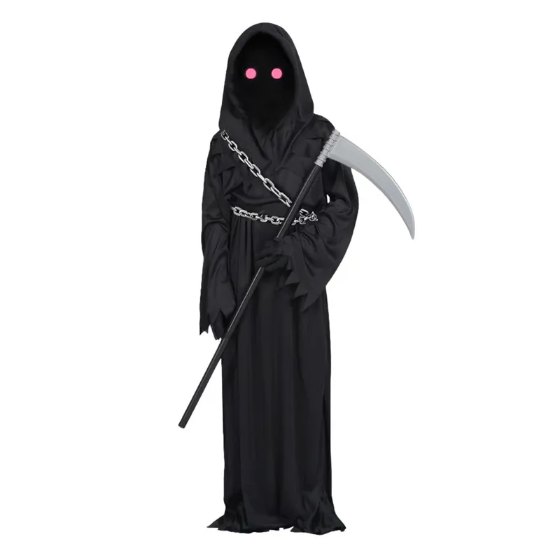 Kinder dunklen Geist glühen Augen Sensenmann Kostüm, gruselige Phantom Sense Kette Requisiten Halloween schwarz Party Maske Kostüm – Detail 5
