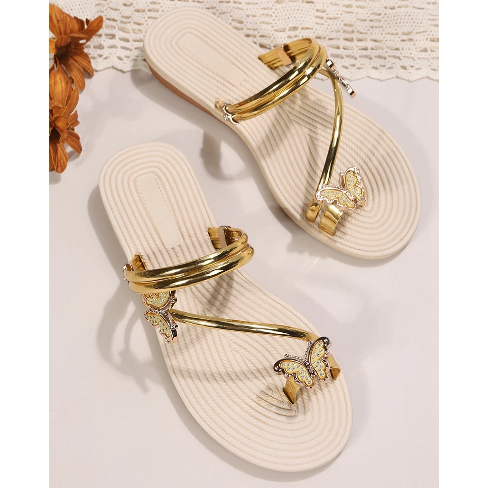 Summer Women Butterfly Pattern Multi Strap Beach Slippers Casual Beach Outdoor Sandals Shoes Femme Going Out Summer Flats Shoes