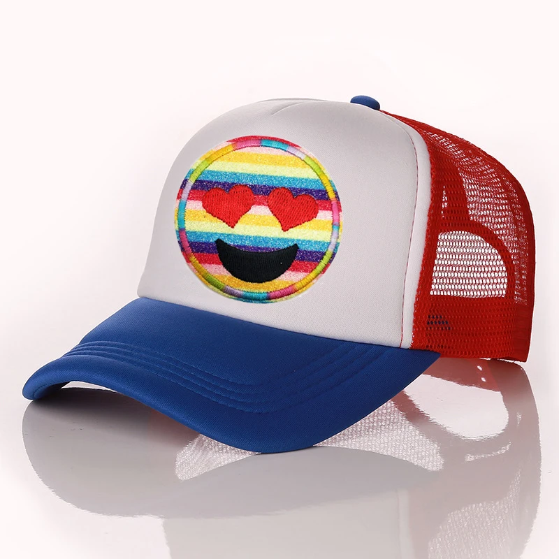 23 Colors Glitter Smiley Embroidered Cloth Sticker Mesh Hat Trucker Hat Summer Ladies Sunshade Beach Hat Summer Pool Party Hat men's skullies & beanies Skullies & Beanies