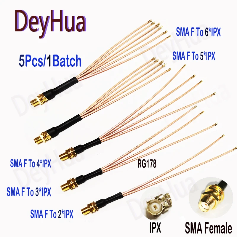 5pcs SMA to IPX Splitter RP-SMA / SMA Female to 2 3 4 5 6 x U.fl IPEX1 Female1 RG178 Cable WIFI Antenna Extension Jumper Pigtail