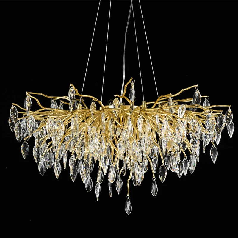 

Post Modern Leaf Crystal Branch Art Chandelier Luxury Golden Hanging Light For Living Model Room Dinning Room Home Decor Lamp