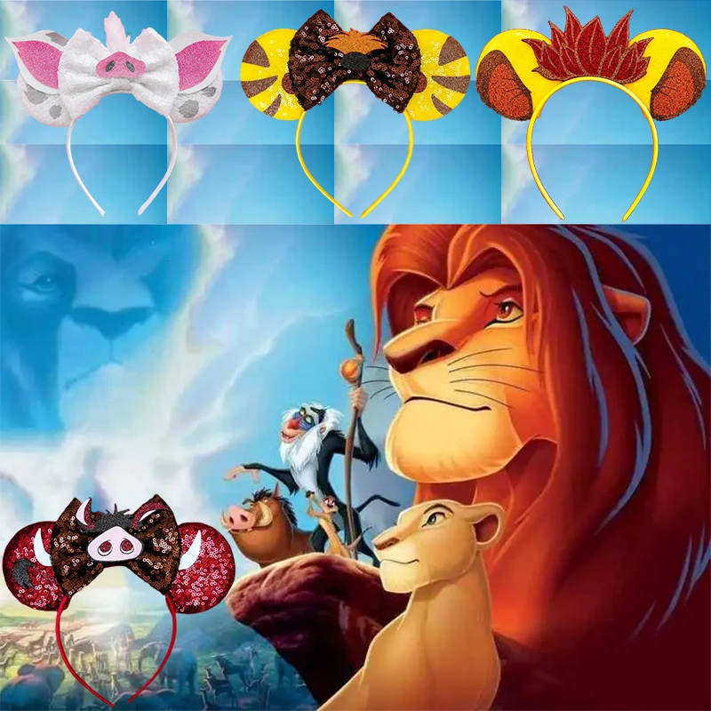 

The Lion King Ears Hairband Women Disney Simba Headband Girl Cute Pumbaa Headwear Kid Sequins Bow Hair Accessories Festival Gift