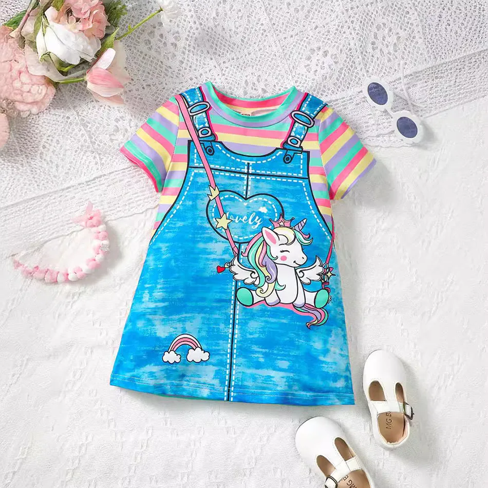 

Sweet Summer Young Girls Casual Dress Short Sleeve T-Shirt with Unicorn and Rainbow Stripe Round Neck Dress for Play and Leisure