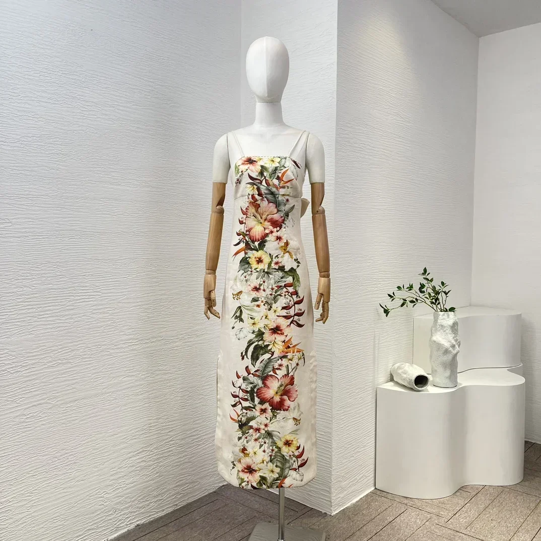 

Self Bow Tie Back Lace-up 2024 Graceful High Quality Linen New Flowers Printing Sleeveless Beige Women Casual Midi Dress