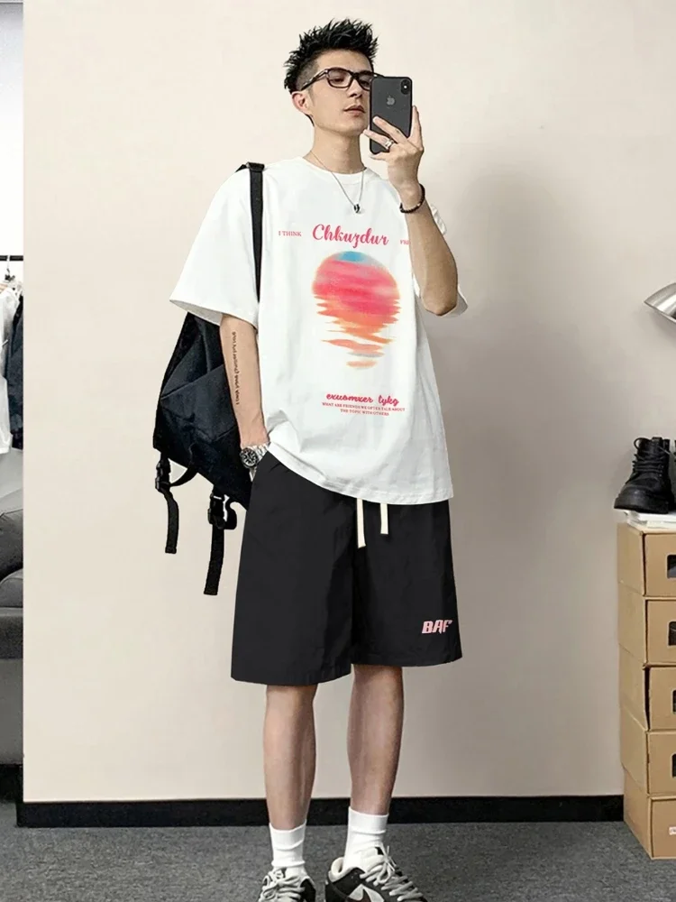 thumbnail image 1 of Conjunto de camiseta y pantalones cortos para hombre, ropa de verano estampada, conjunto de pantalones cortos de algodón gris para hombre, elegante tendencia 2024, camiseta básica de dos piezas a la m, 1 of 4