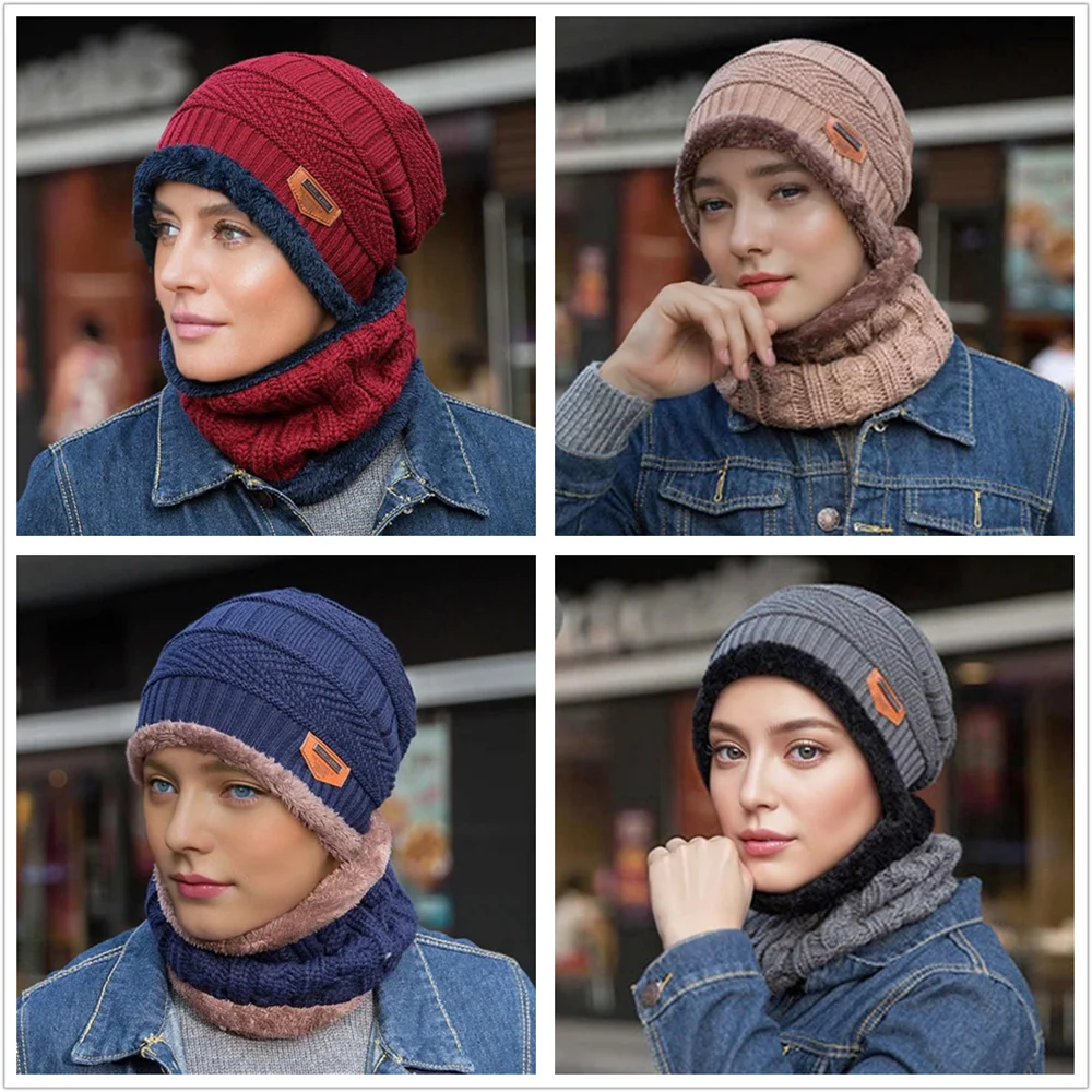 Unisex Classic Thicken Warm Knitted Suit Set Lined Winter Hat Soft Stretch Winter Hats For Men&Women Leisure Beanie Cap