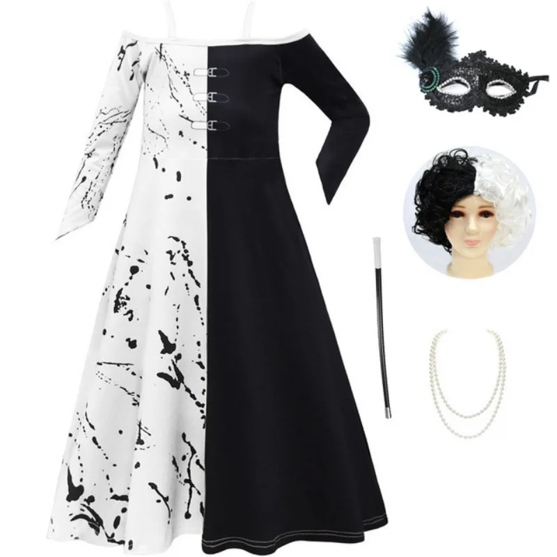 Cosplay Costume Halloween Child Cruella Masquerade Party Girls Black White Long Dress with Cape Carnival Wig Lace Mask