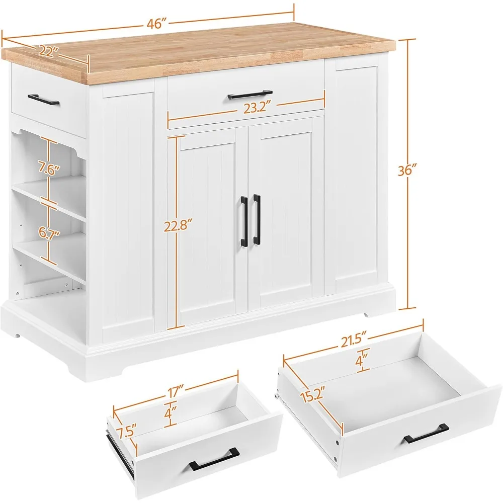 Rolling Kitchen Island Cart with 3 Drawers, Kitchen Storage Cabinet on Wheels with Open Shelves and Inner Adjustable Shelves