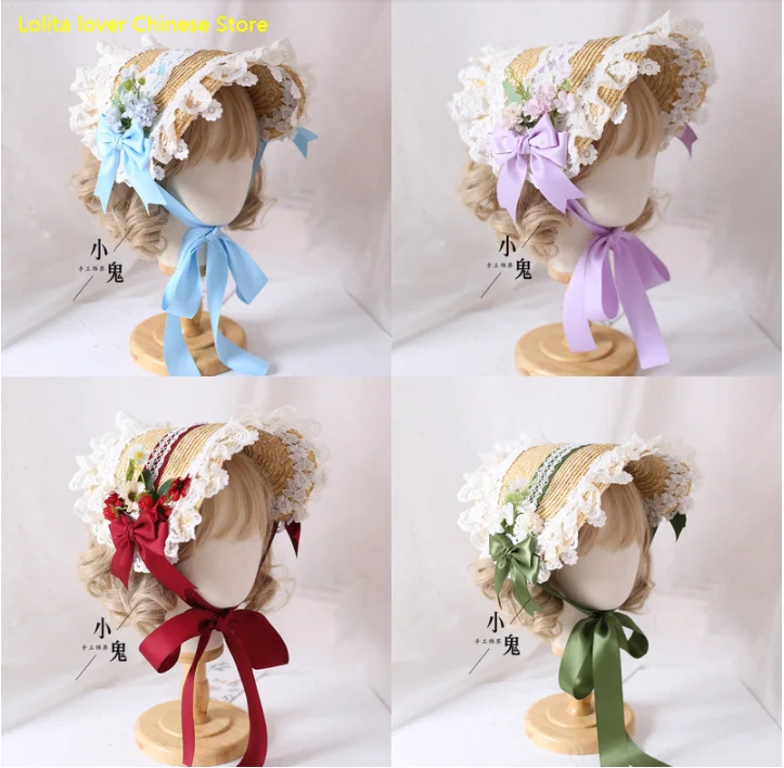 

Mori Girl Retro Lolita Handmade Straw Hat Gorgeous Elegant Tea Party Flat Cap Pastorale Style Multilayer Lace Bonnet Bnt BB Hat