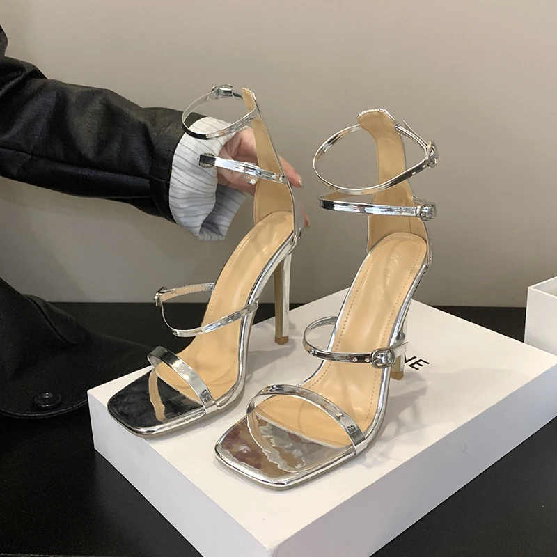 

ZOOKERLIN 2023 Summer New Narrow Band Women Sandals Shoes Thin High Heels Square Toe Ladies Ankle Buckle Strap Sexy Dress Pumps