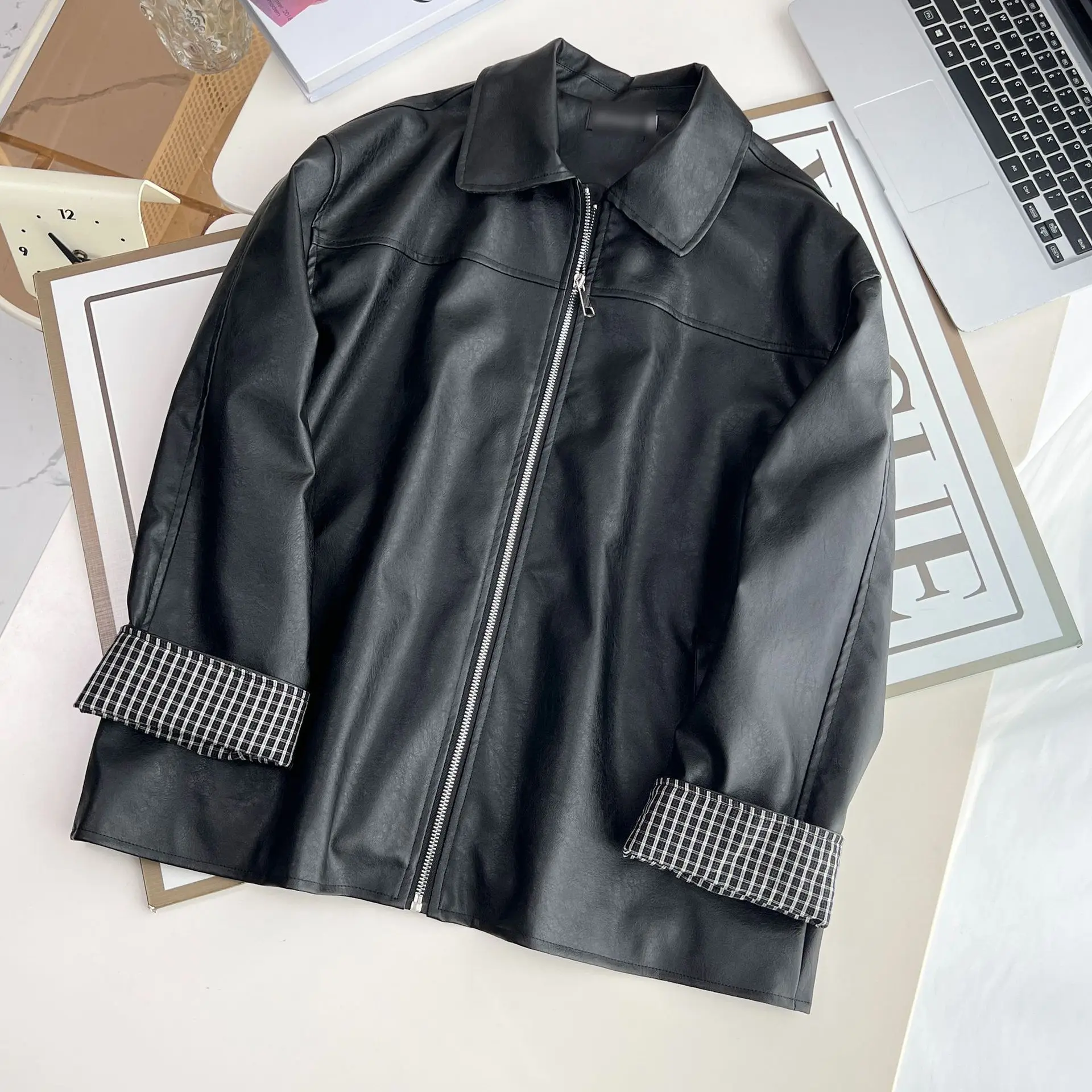 Fashion Plus Size Women's PU Leather Jacket Autumn New Style Plaid Cuffs Casual Loose Black Zipper Coat 2532