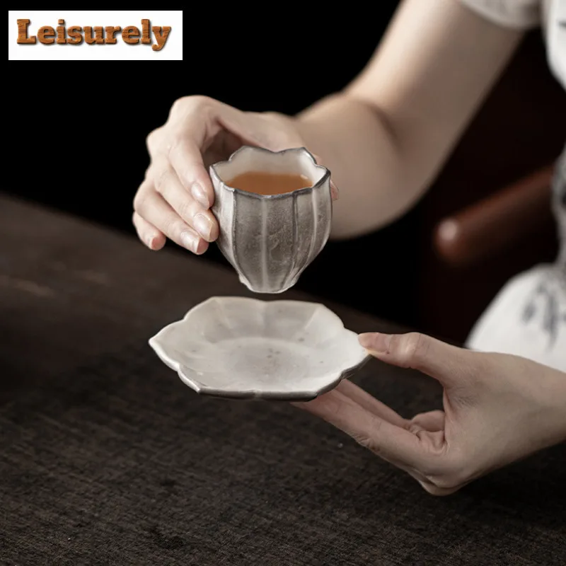 90ML Ink Painting Zhiye Roasting Lotus Teacup Retro Tea Bowl Tea Pair Tea-tasting Fragrance Cup Chazhan Master Cups Tea Services