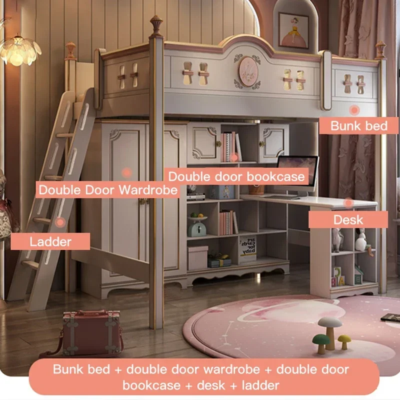 French Children\'s Bed Noble American Solid Wood Staggered Bunk High And Low Kids child bedroom furniture Girl Child