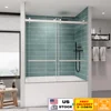 Frameless Double Sliding Tub Shower Door 56-60 x 60 Tempered Glass Stainless Steel Hardware Water Retaining Strips Easy to Clean 1
