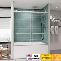 Frameless Double Sliding Tub Shower Door 56-60 x 60 Tempered Glass Stainless Steel Hardware Water Retaining Strips Easy to Clean 1
