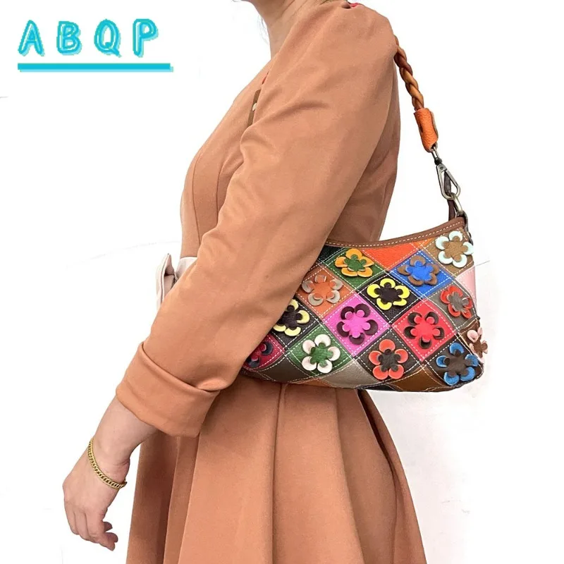Borsa a Tracolla da Donna di Lusso in Pelle, Borsa a Spalla da Donna alla Moda con Cuciture Floreali Fatte a Mano, Borsa Casual da Donna - immagine 6