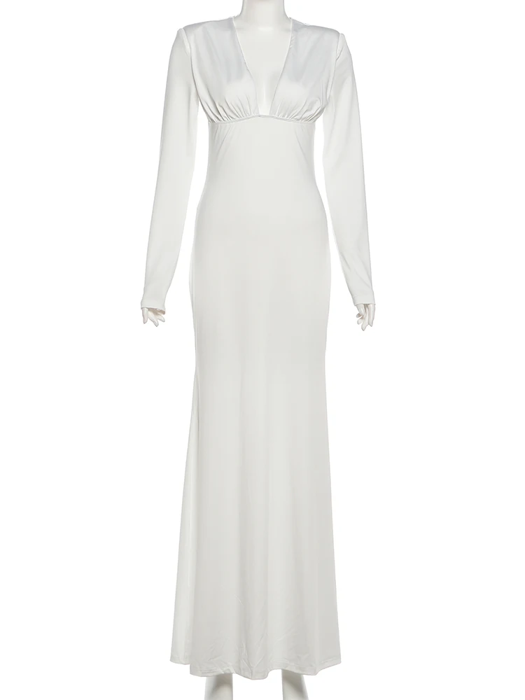 Nibber Sexy Low-Neck Maxi Dress Shoulder Pads Skinny Solid Long Sleeve Elasticity Prom Party Simple Classic Elegant Vestidos