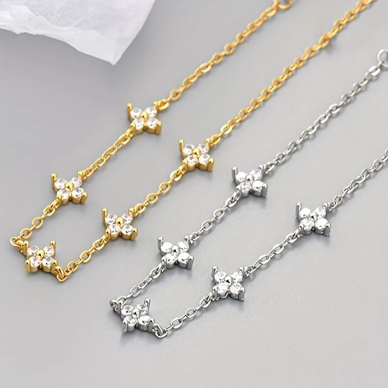 Exquisite Sparkling Cubic Zirconia Four Leaf Clover and Star Charm Bracelet for Women Daily Wear And Vacation Jewelry