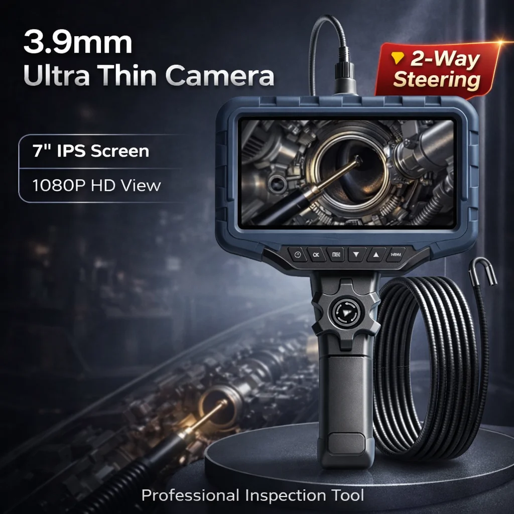 New 7Inch Big Screen Steering Endoscope Single/Dual Lens 3.9/6.2mm 2 Way ，210° for Engine Sewer Inspection Industrial Borescope 1