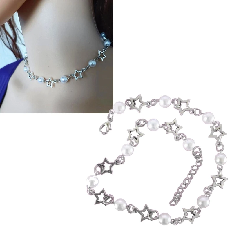 Dainty Pearl Star Choker Necklace For Women - Adjustable Y2K Jewelry With Hollow Star & 8mm Pearls