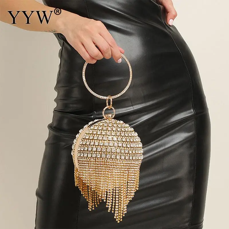Round Ball Tassel Women Crystal Ring Clutch Evening Bags Luxury Shiny Diamond Wedding Party Wristlets Chain Handbag Lady Purse