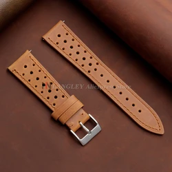 Handcrafted Vintage Racing Leather Watch Strap - Brown Breathable Porous Design - 21mm (Light Brown)