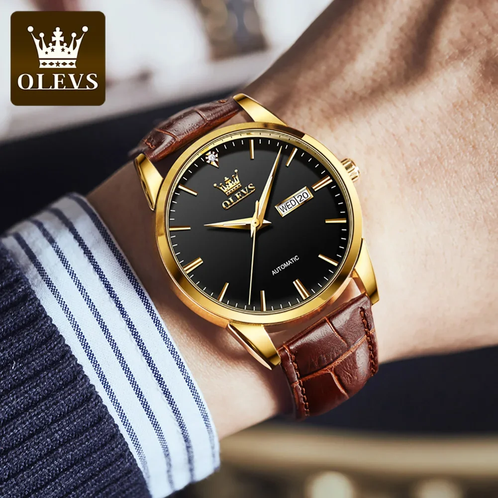 OLEVS 6629 Men Wristwatch Automatic Mechanical Genuine Leather Strap Business Watch For Men Luminous Waterproof
