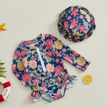Toddler Baby Girls Swimsuit Swimming Suit Princess Strawberry Print Long Sleeve Bikini with Hat Newborn Swimwear for Summer