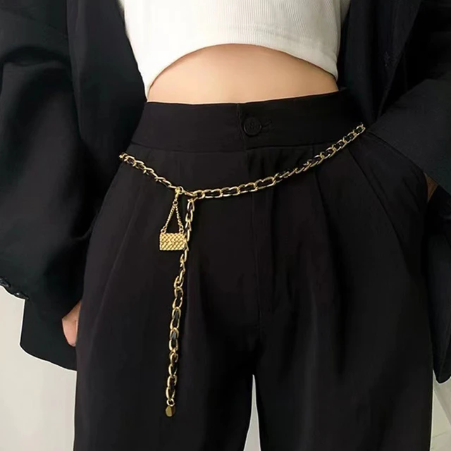 Gold Metal Bag Thin Women Belt Elegant Shiny Tassel Long Chain