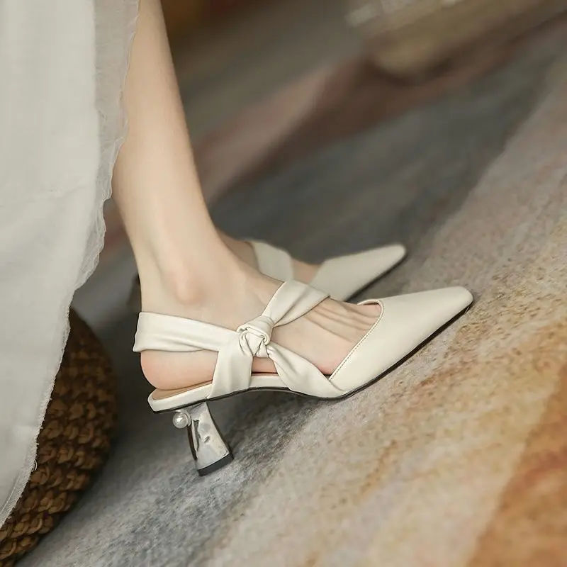 

Ladies Shoes Pointed Toe Sandals for Women Thick Heel Block Footwear Closed Summer 2023 Leather with Medium Heels Beige Chunky F